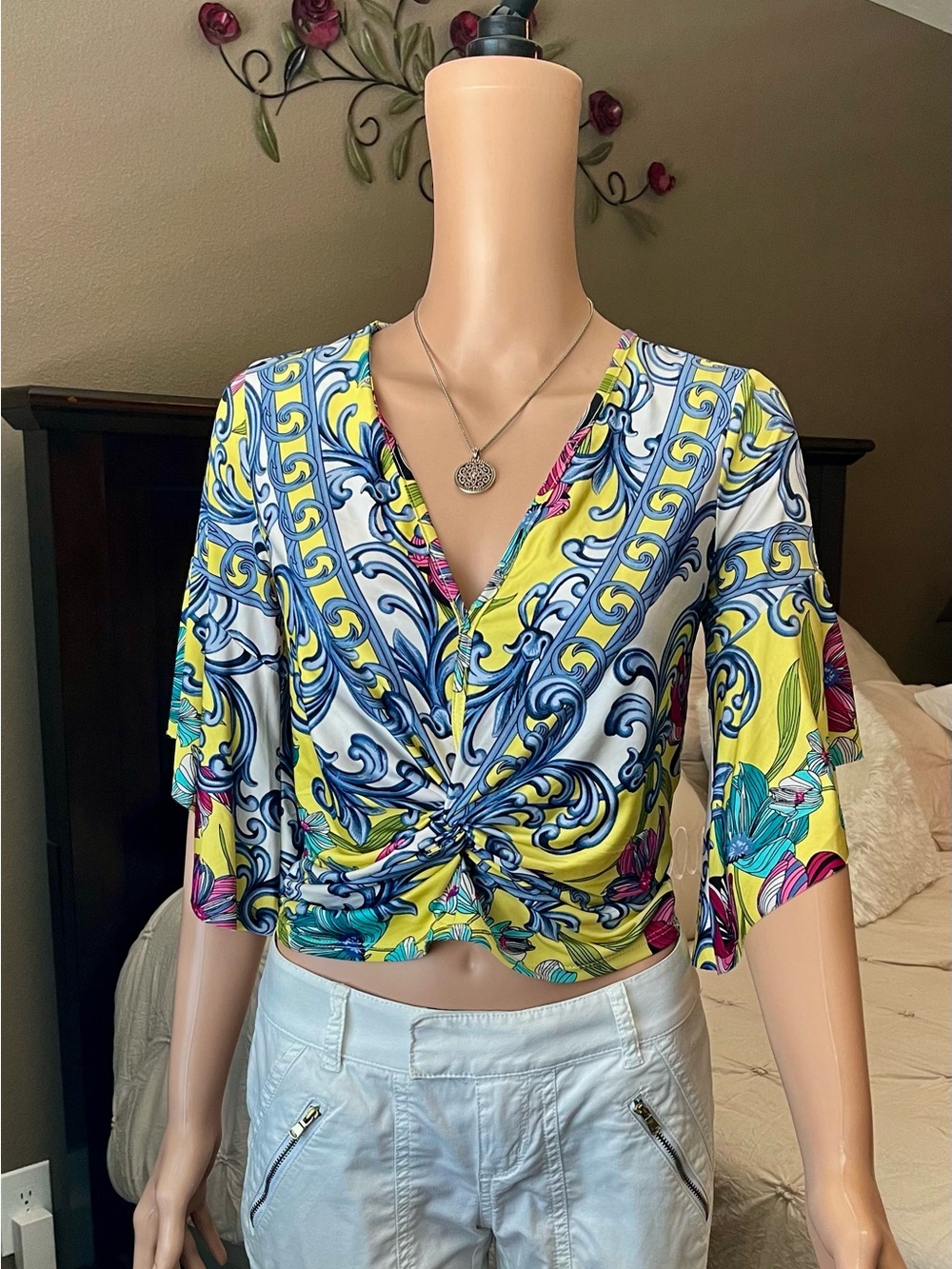 VENUS Yellow Floral & Scroll Twist-Front Blouse